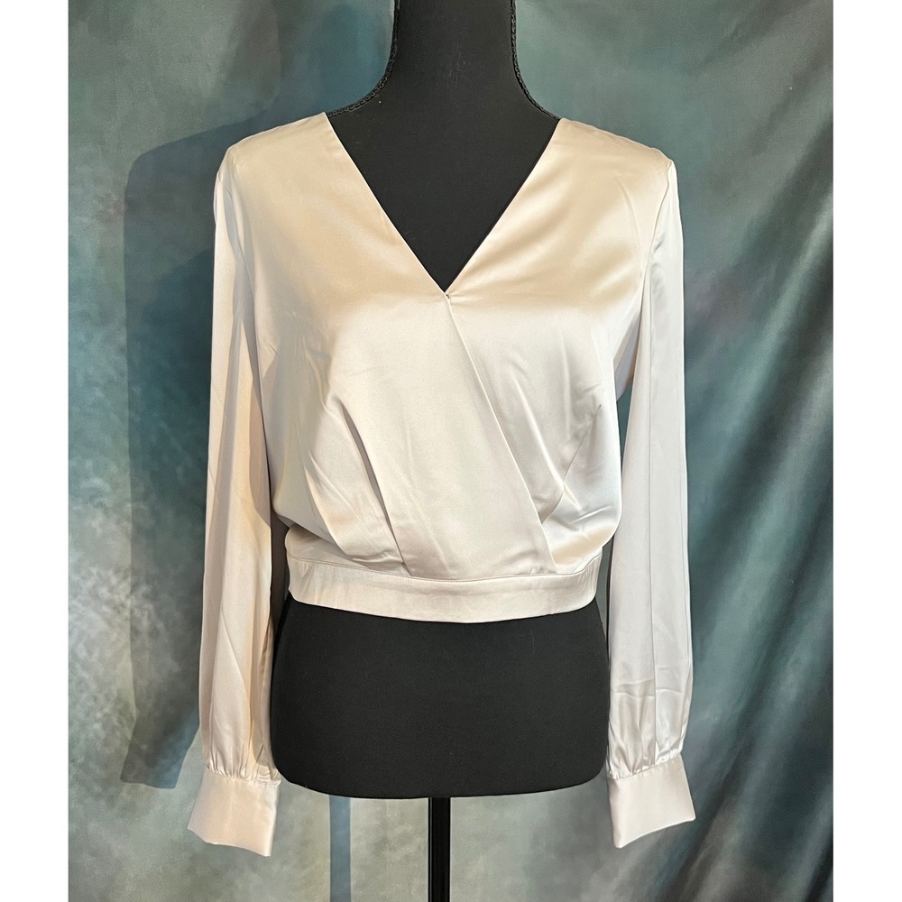 Sugar‎ + Lipz Women's Champagne Satin Long Sleeve Wrap Crop Blouse Size Medium